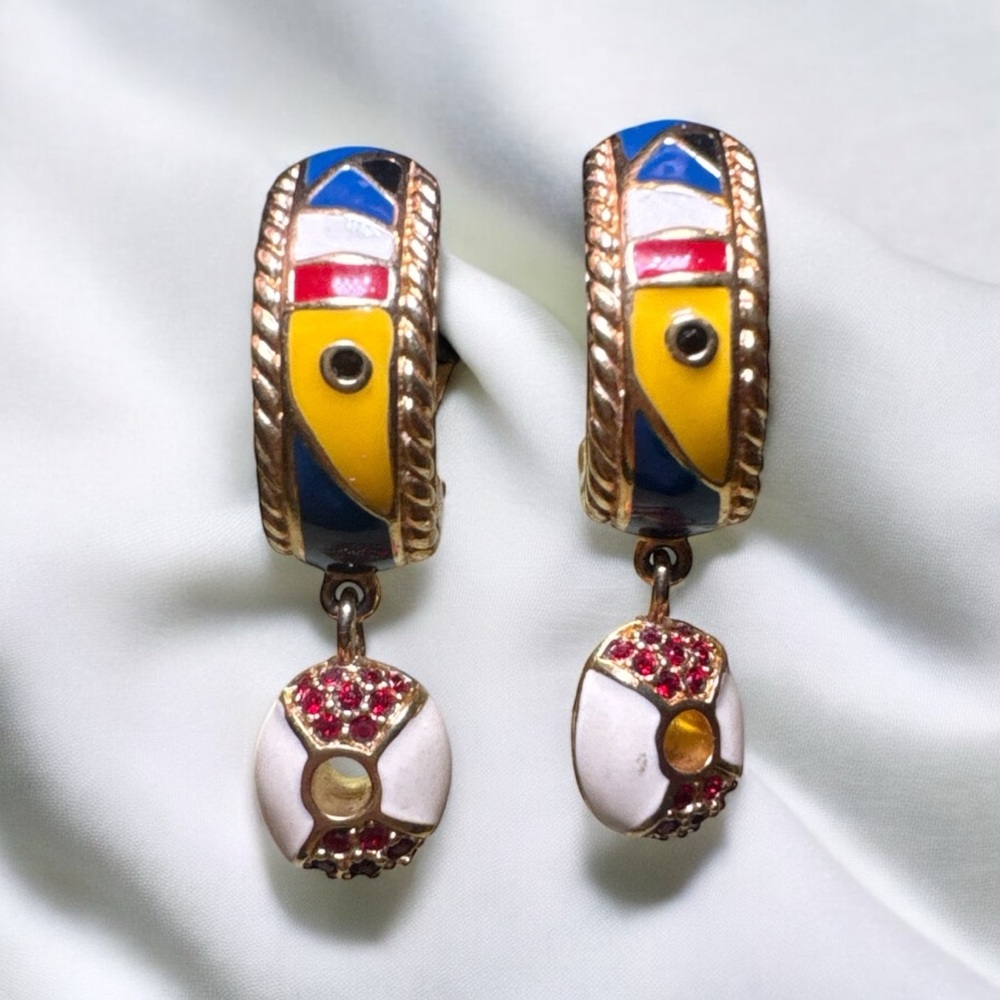 Swarovski 90s Gold Plated Multicolor Enamel Rhinestone Nautical Clip-On Earrings